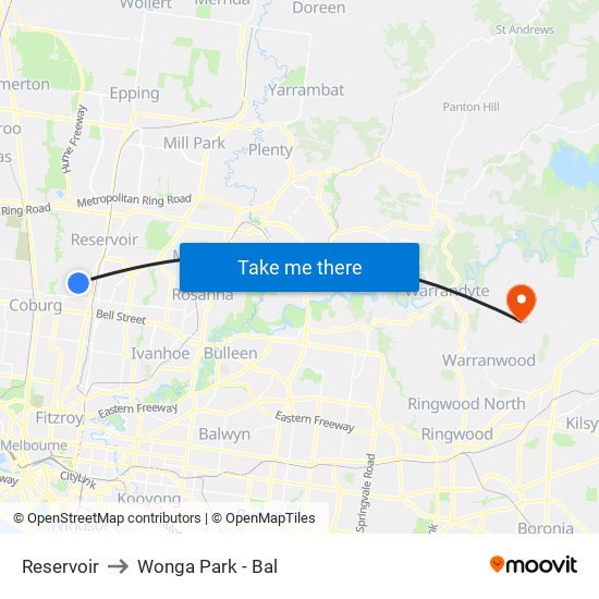 Reservoir to Wonga Park - Bal map