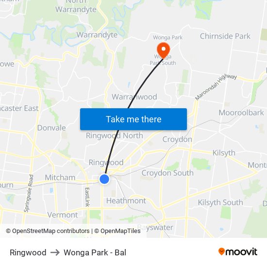 Ringwood to Wonga Park - Bal map