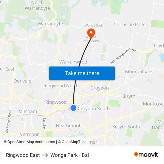 Ringwood East to Wonga Park - Bal map