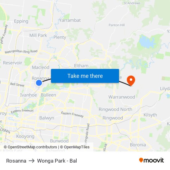 Rosanna to Wonga Park - Bal map