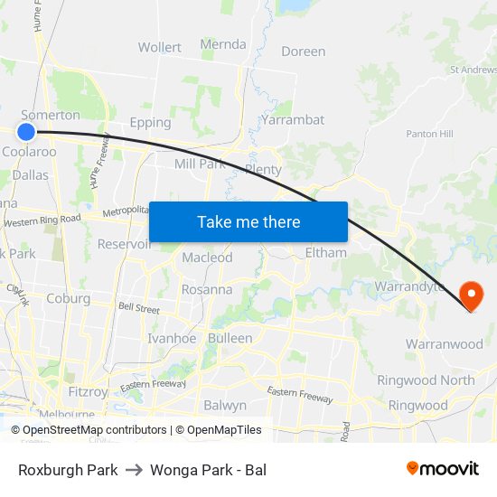 Roxburgh Park to Wonga Park - Bal map