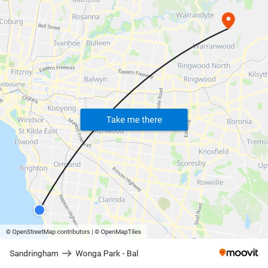 Sandringham to Wonga Park - Bal map