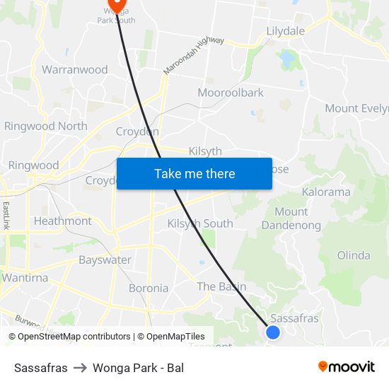 Sassafras to Wonga Park - Bal map