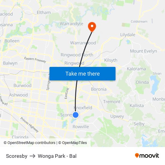 Scoresby to Wonga Park - Bal map