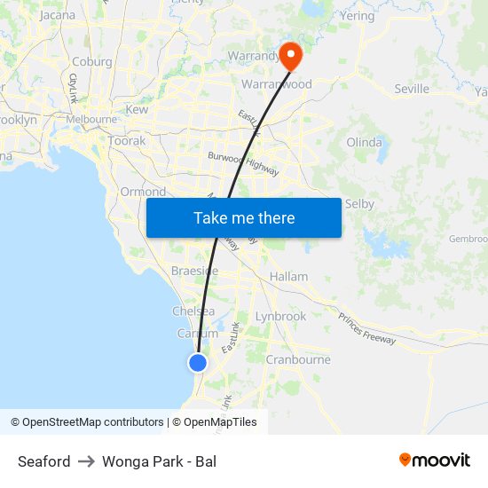 Seaford to Wonga Park - Bal map