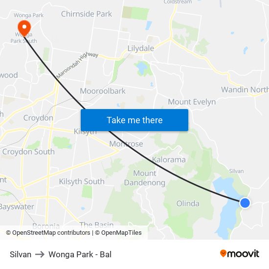 Silvan to Wonga Park - Bal map