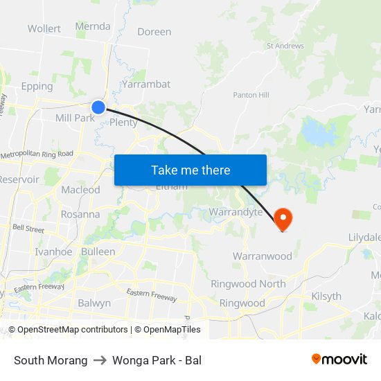South Morang to Wonga Park - Bal map