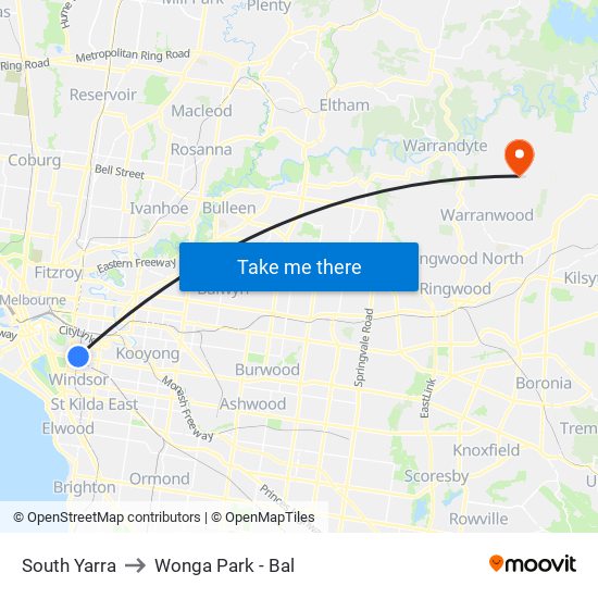 South Yarra to Wonga Park - Bal map