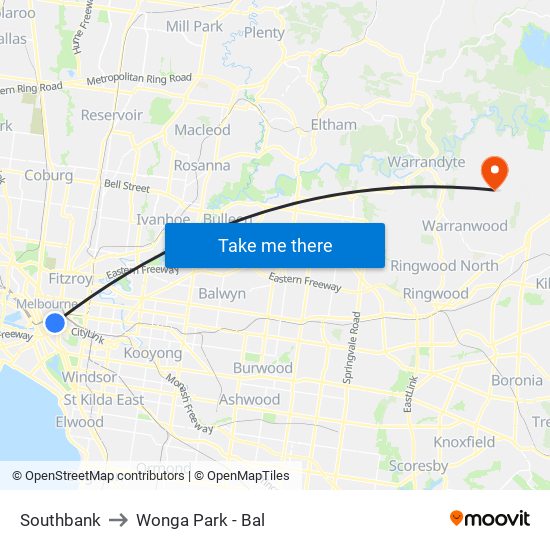 Southbank to Wonga Park - Bal map