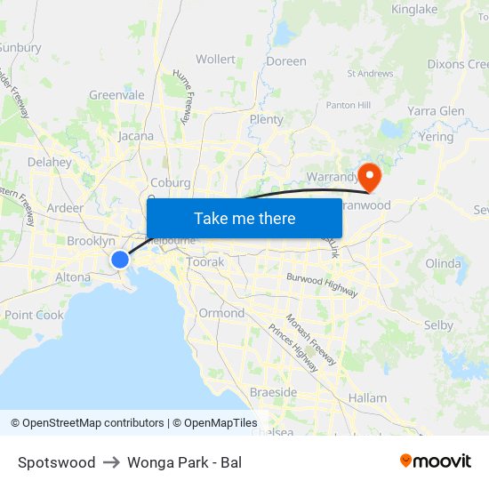 Spotswood to Wonga Park - Bal map
