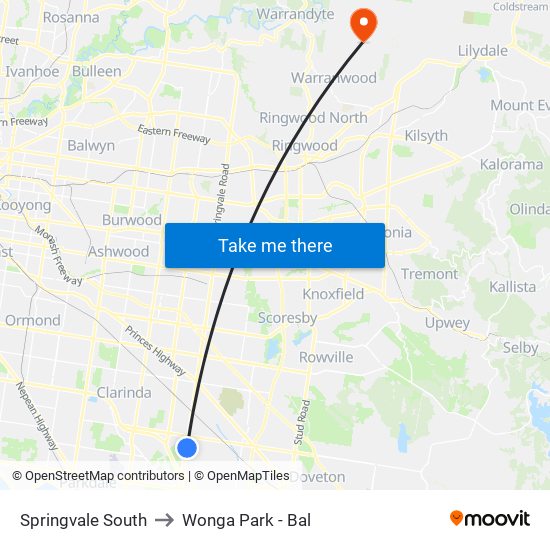 Springvale South to Wonga Park - Bal map