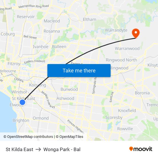 St Kilda East to Wonga Park - Bal map