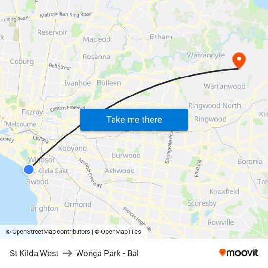 St Kilda West to Wonga Park - Bal map