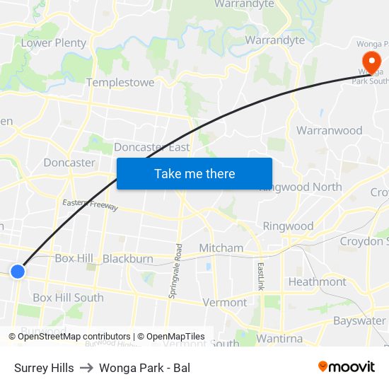 Surrey Hills to Wonga Park - Bal map