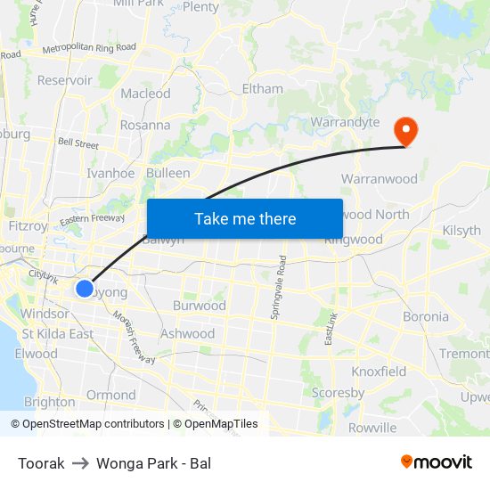 Toorak to Wonga Park - Bal map