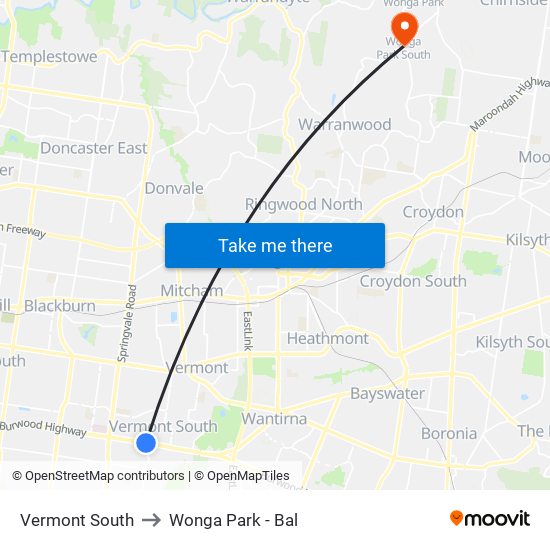 Vermont South to Wonga Park - Bal map