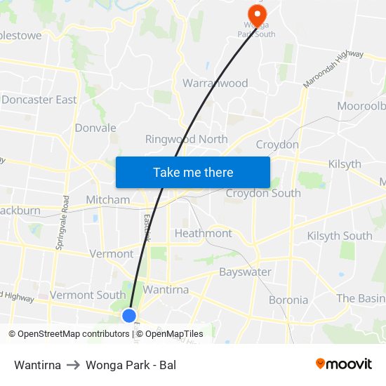 Wantirna to Wonga Park - Bal map