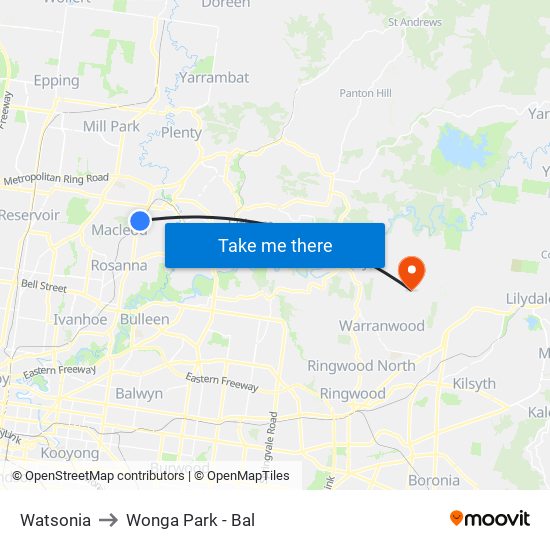 Watsonia to Wonga Park - Bal map