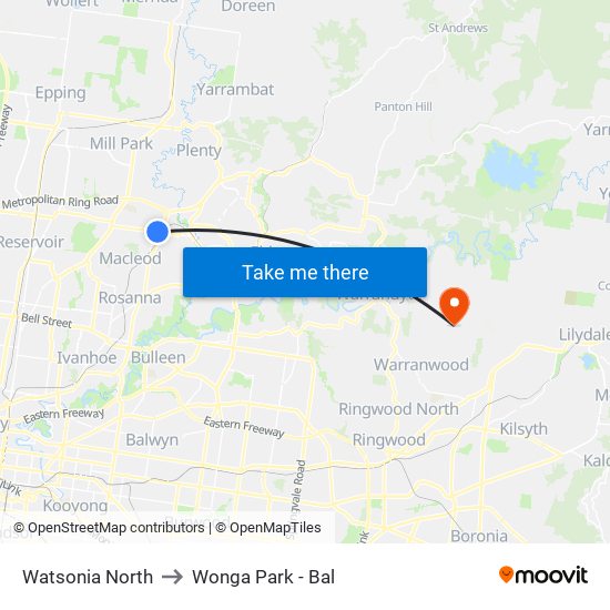 Watsonia North to Wonga Park - Bal map