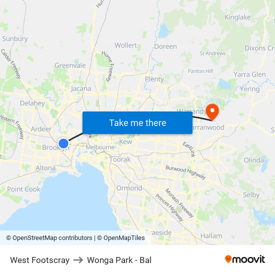 West Footscray to Wonga Park - Bal map