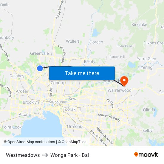 Westmeadows to Wonga Park - Bal map
