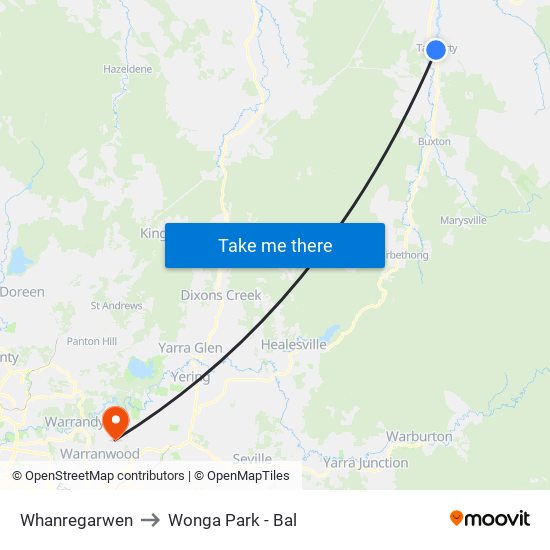 Whanregarwen to Wonga Park - Bal map