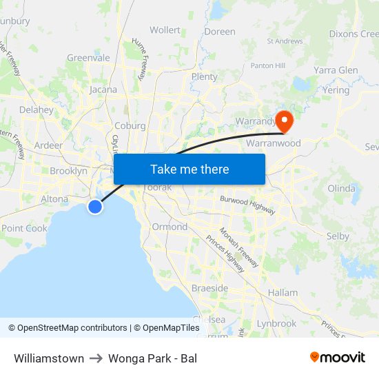 Williamstown to Wonga Park - Bal map