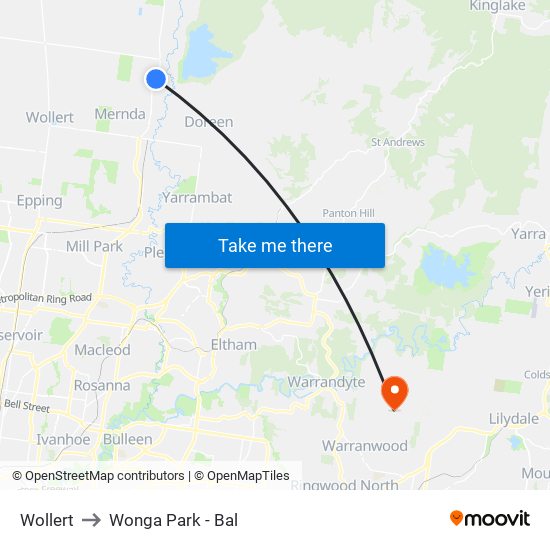 Wollert to Wonga Park - Bal map