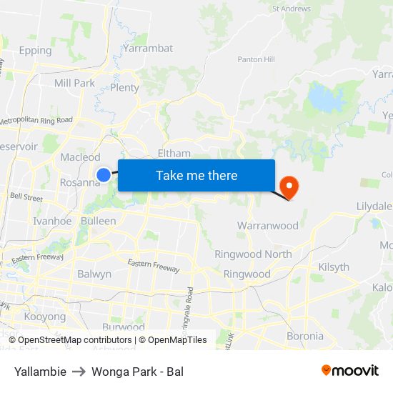 Yallambie to Wonga Park - Bal map