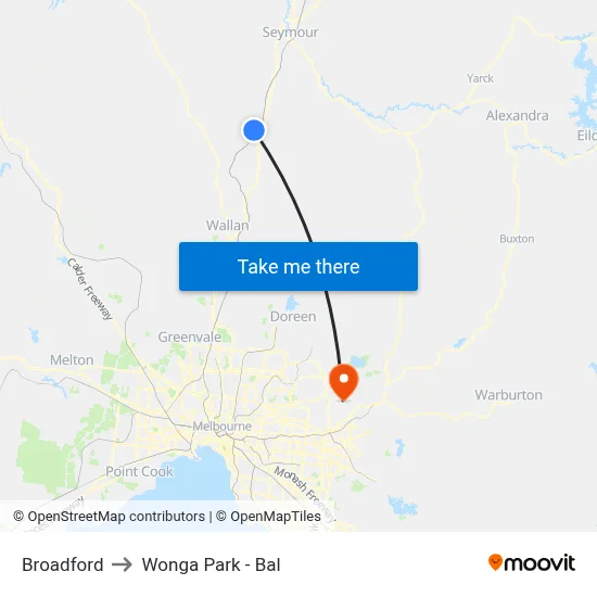 Broadford to Wonga Park - Bal map