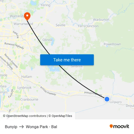 Bunyip to Wonga Park - Bal map
