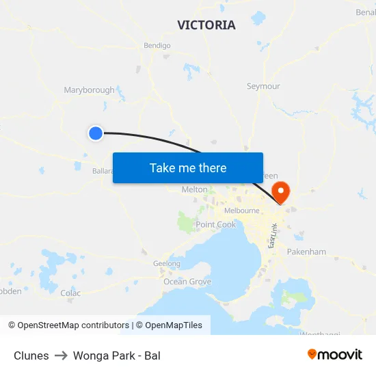 Clunes to Wonga Park - Bal map