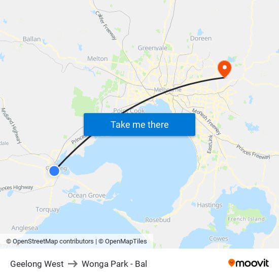 Geelong West to Wonga Park - Bal map