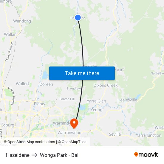 Hazeldene to Wonga Park - Bal map