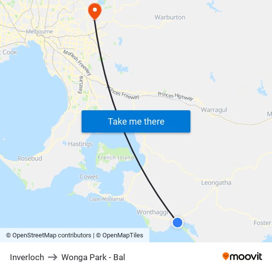 Inverloch to Wonga Park - Bal map