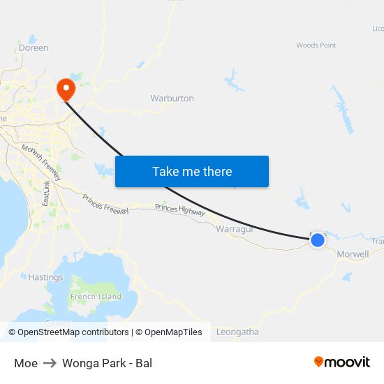 Moe to Wonga Park - Bal map