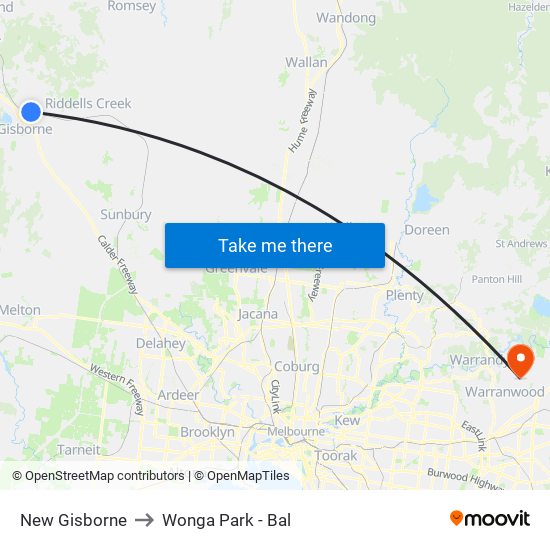 New Gisborne to Wonga Park - Bal map