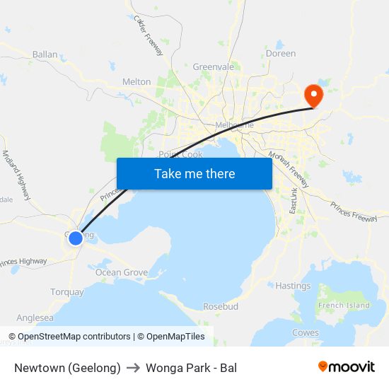 Newtown (Geelong) to Wonga Park - Bal map