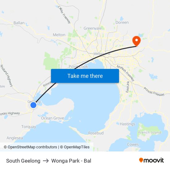 South Geelong to Wonga Park - Bal map