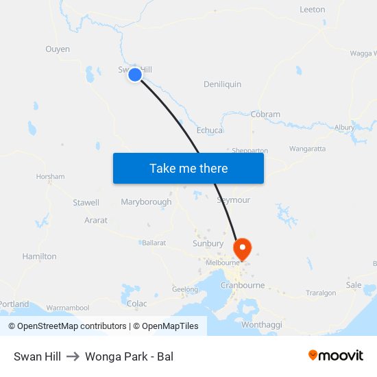 Swan Hill to Wonga Park - Bal map