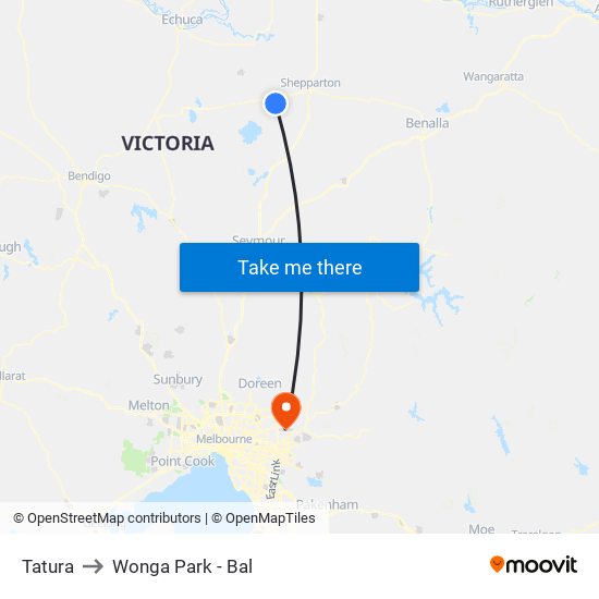 Tatura to Wonga Park - Bal map