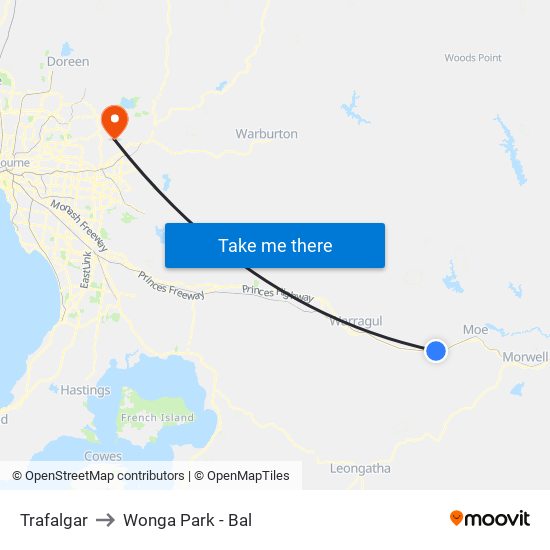 Trafalgar to Wonga Park - Bal map