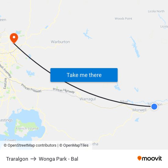 Traralgon to Wonga Park - Bal map