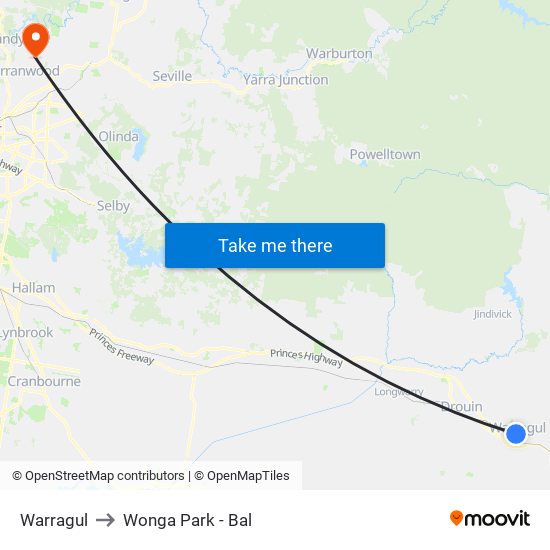 Warragul to Wonga Park - Bal map