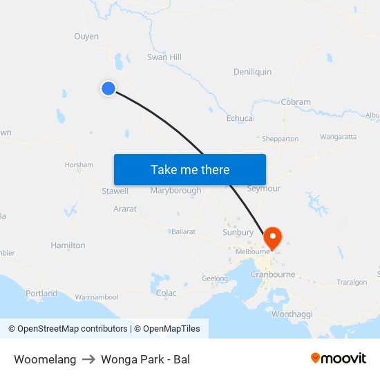 Woomelang to Wonga Park - Bal map