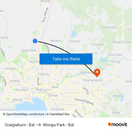 Craigieburn - Bal to Wonga Park - Bal map