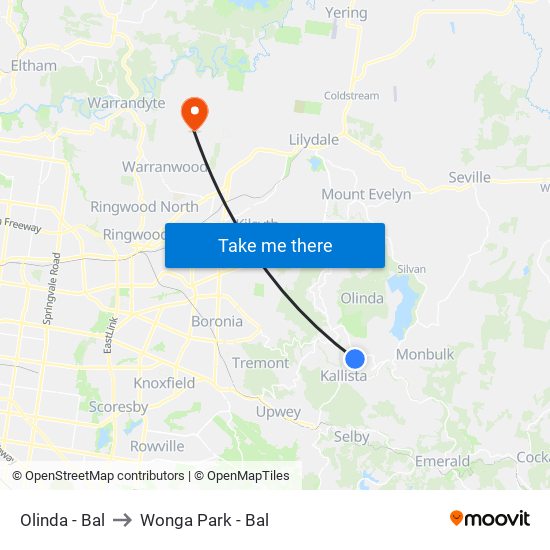 Olinda - Bal to Wonga Park - Bal map