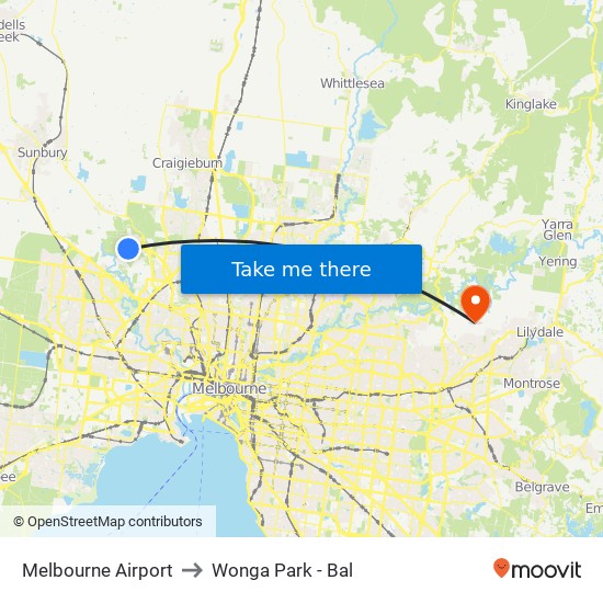 Melbourne Airport to Wonga Park - Bal map