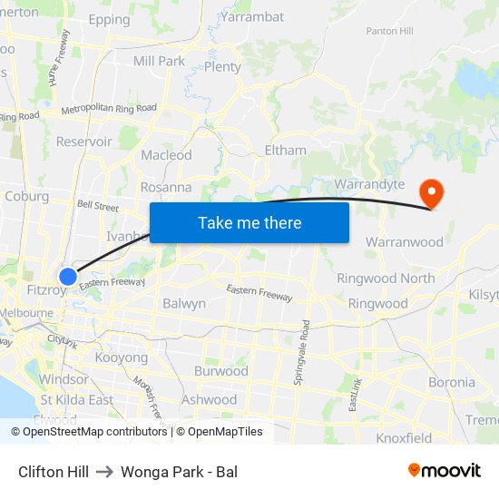 Clifton Hill to Wonga Park - Bal map