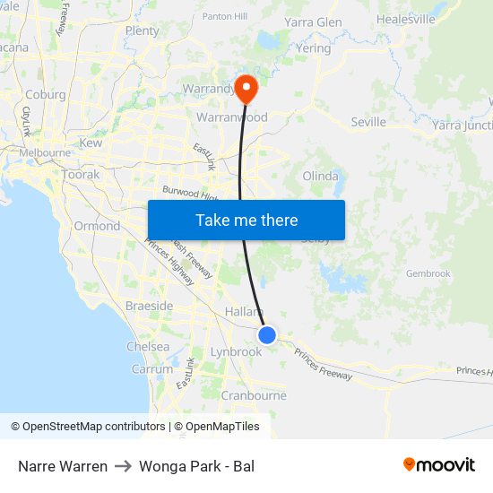 Narre Warren to Wonga Park - Bal map